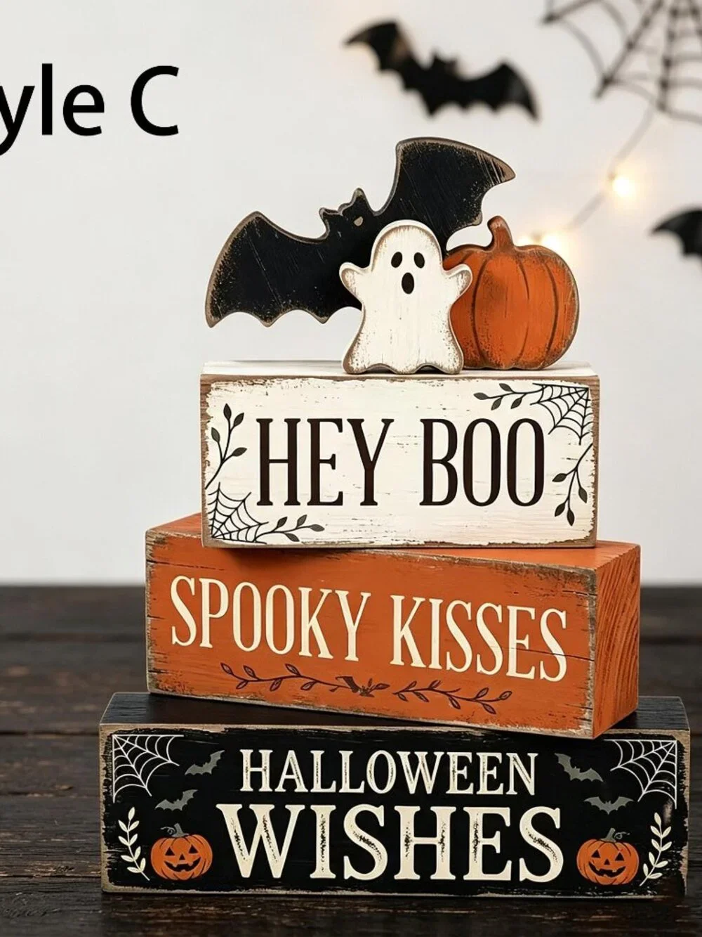 Halloween Stacked Wooden Block,Ghost Witch Pumpkin Tabletop Sign,Spooky Season